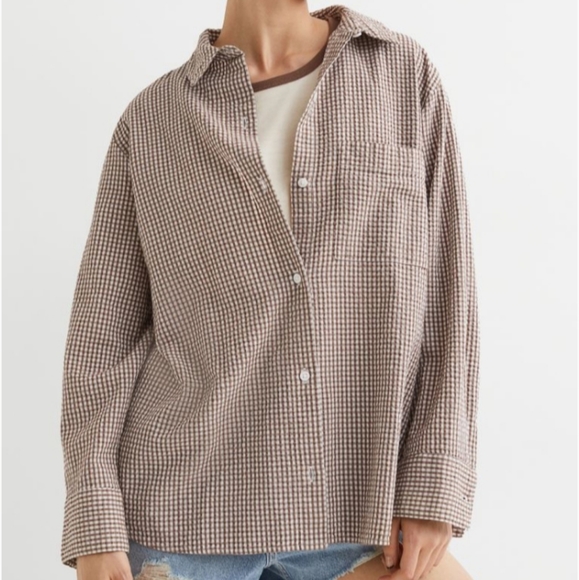 ⛔SOLD⛔🆕️NWT H&M Seersucker Shirt in 'Brown/White Checked', XL - Picture 2 of 12